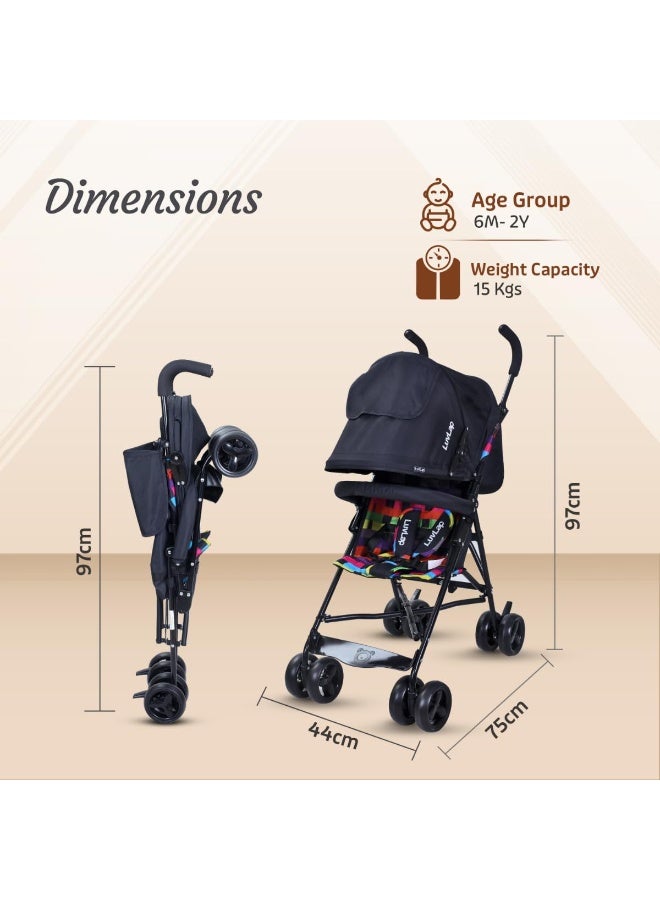 LuvLap Tutti Fruti Baby Stroller/Buggy, Lightweight, Compact & Travel Friendly Baby Pram for 6-36 Months, 5 Point Safety Harness, Adjustable seat Recline, Extendable Canopy, Upto 15Kg (Printed Black) - Image 4